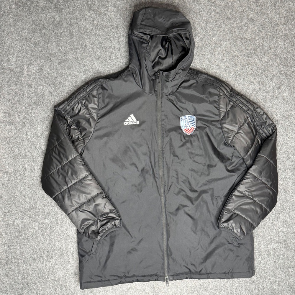 Adidas United Soccer Coaches Puffer Jacket Mens XL Black Full Zip Hooded Coat‎
